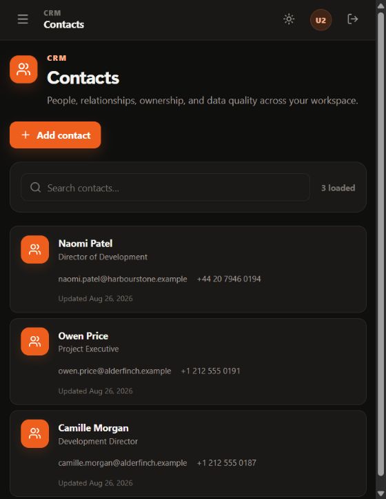 BuildOS contacts view with example customer decision-makers.