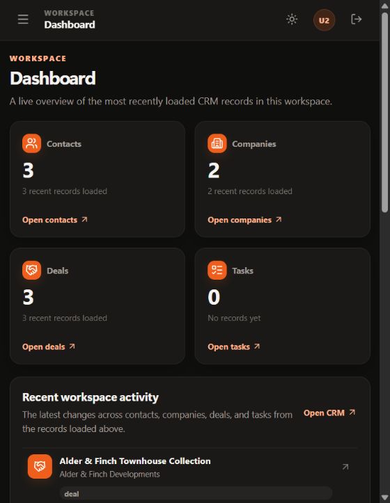 BuildOS dashboard in the Northstar Build Studio demo workspace showing contacts, companies, deals, and recent activity.