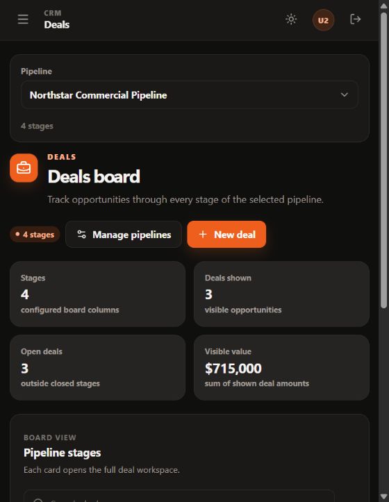 BuildOS deal board showing a four-stage pipeline with three linked opportunities worth 715 thousand dollars.